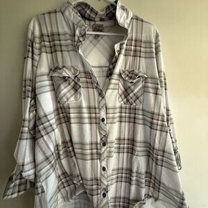 Como Vintage White and Brown Plaid Blouse